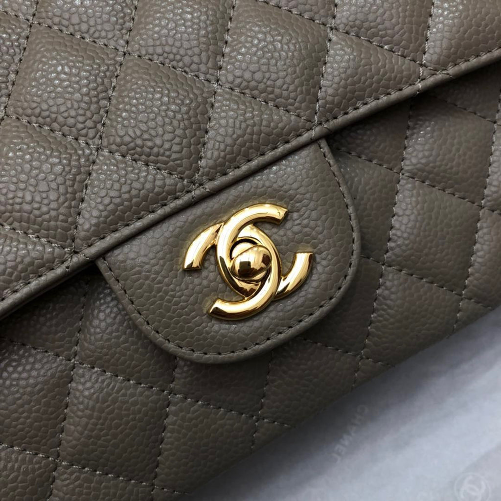 CHANEL Khaki Caviar Leather Classic Double Flap 2.55 Shoulder Bag Gold HW 2021