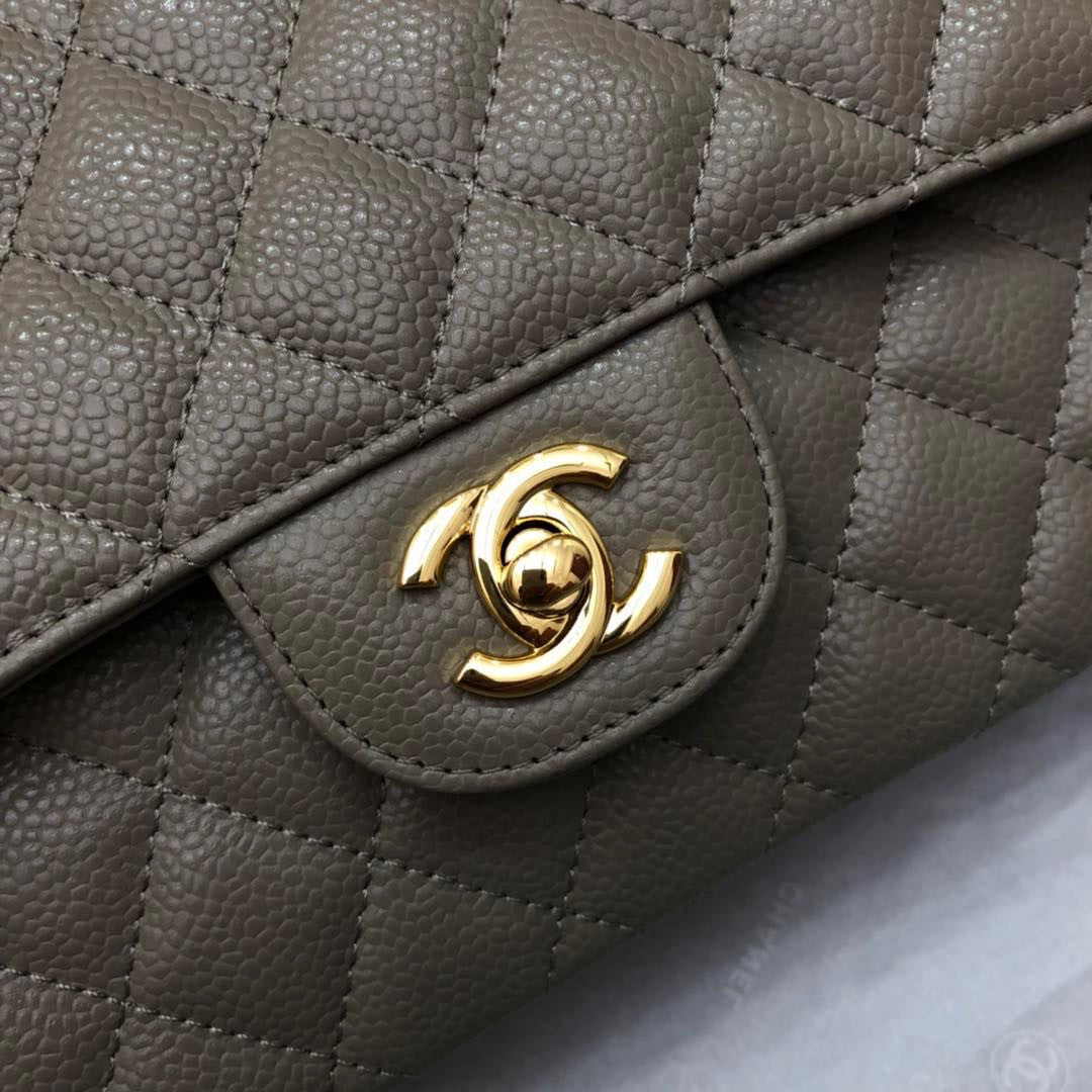 CHANEL Khaki Caviar Leather Classic Double Flap 2.55 Shoulder Bag Gold HW 2021