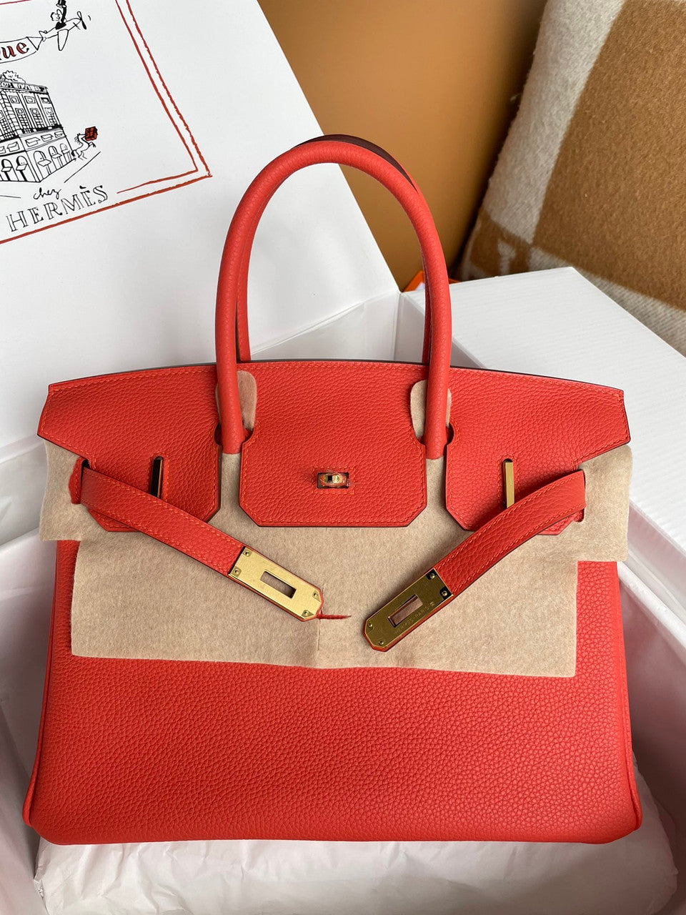 Hermes 9J Feu Birkin Bag 30cm Togo Leather Gold Hardware