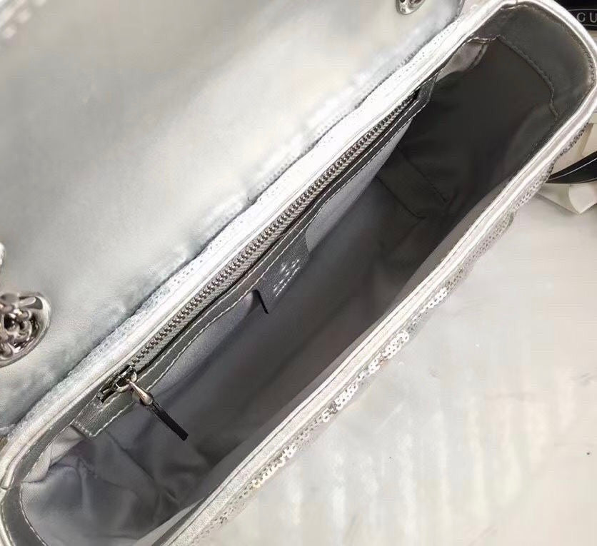 Gucci GG Marmont small Silver sequin shoulder bag