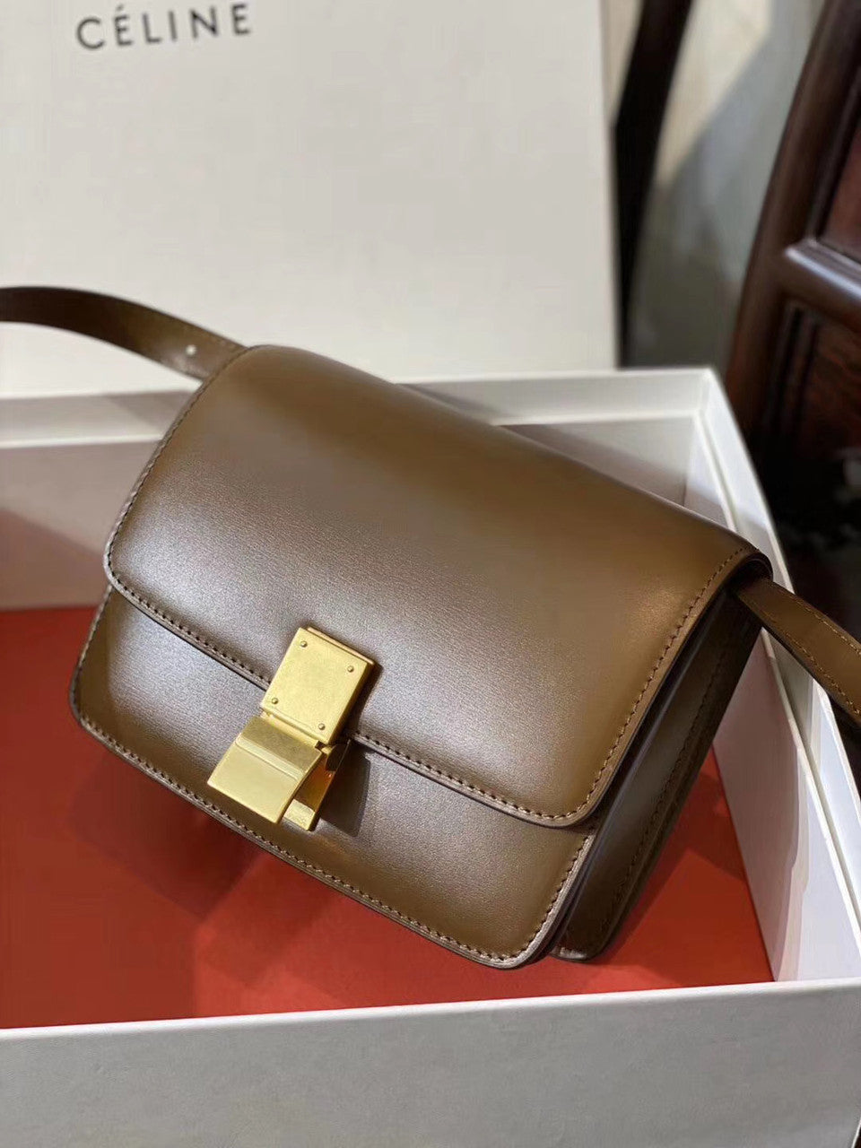 Celine SMALL CLASSIC BAG IN BOX CALFSKIN CAMEL
