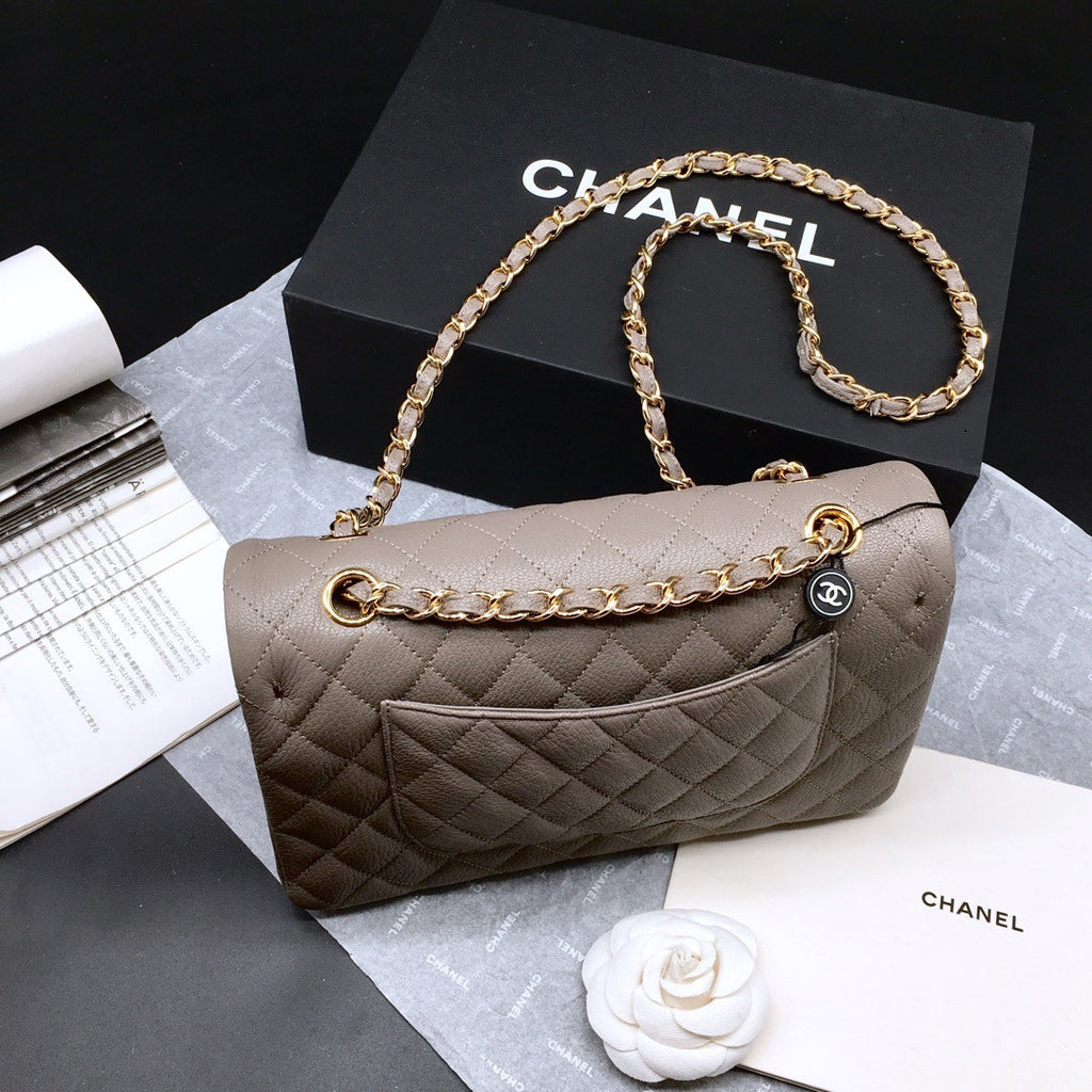 CHANEL 1112 Classic Flap Bag  Khaki  Deerskin Medium Gold HW