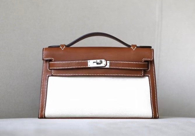 Hermès Limited Edition Mini Kelly Pochette Barenia Natara  leather/ Toile  Palladium hardware