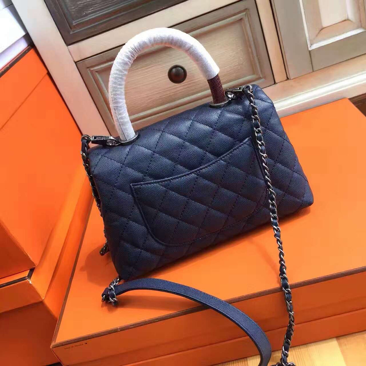 Chanel Blue Calfskin/Lizard Coco Handle Small Bag