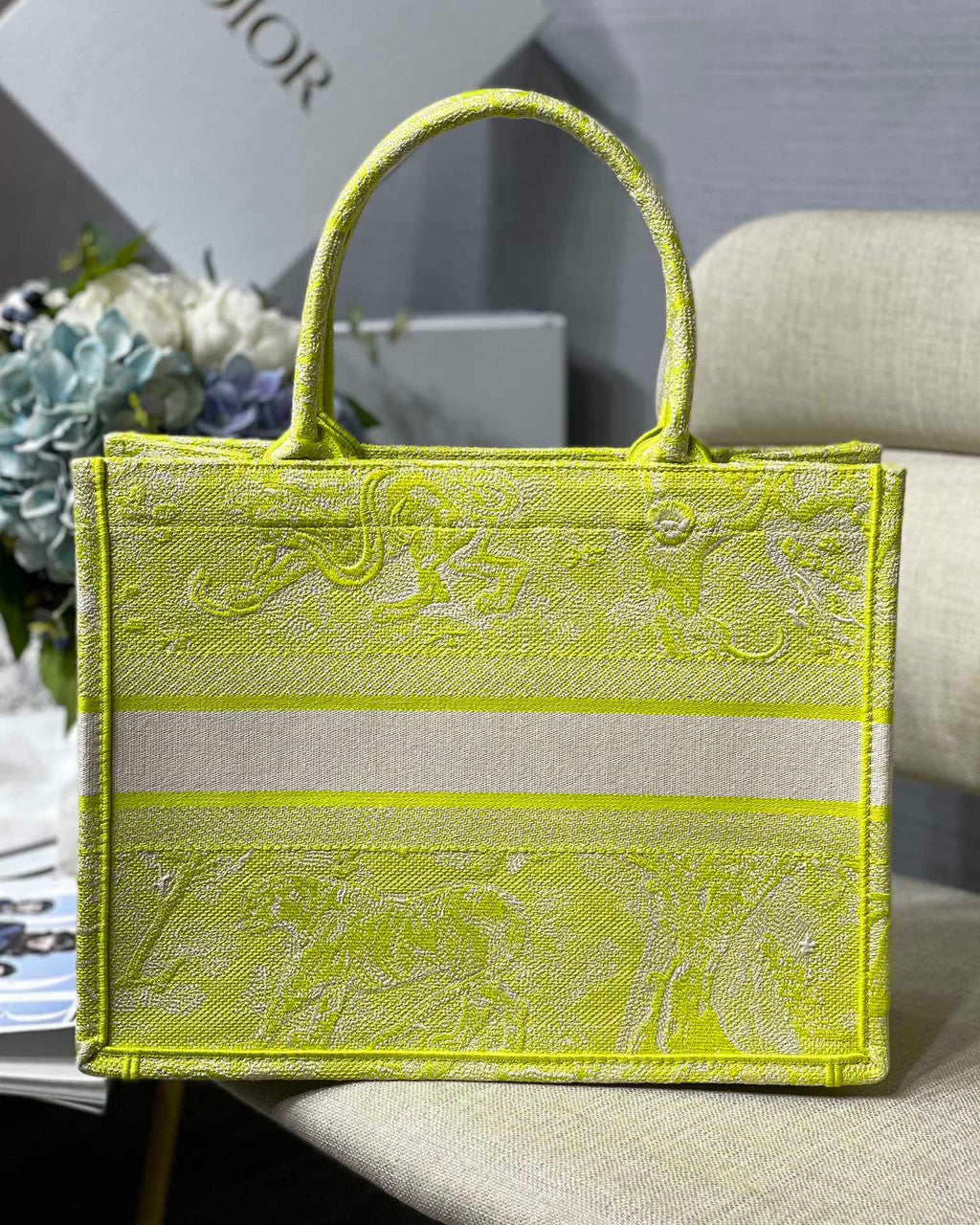 Christian Dior SMALL DIOR BOOK TOTE Lime Toile de Jouy Reverse Embroidery