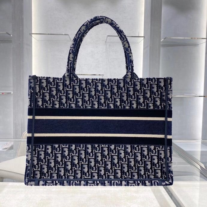Christian Dior SMALL DIOR BOOK TOTE Blue Dior Oblique Embroidered Velvet