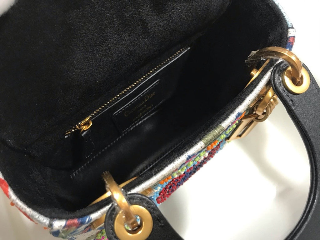 Christian Dior MEDIUM LADY DIOR BAG Black Printed Calfskin with Multicolor Dior In Lights Pearl and Thread Embroidery