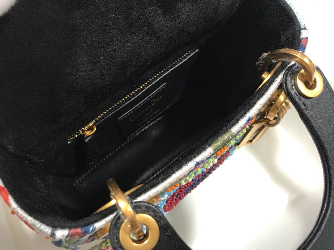 Christian Dior MEDIUM LADY DIOR BAG Black Printed Calfskin with Multicolor Dior In Lights Pearl and Thread Embroidery