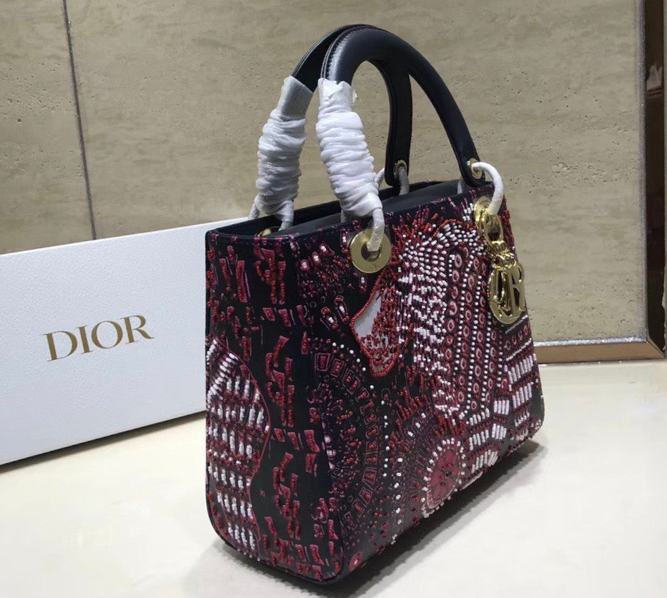 Christian Dior FUCHSIA LADY DIOR MEDIUM DIOR ANIMALS EMBROIDERED SMOOTH CALFSKIN BAG
