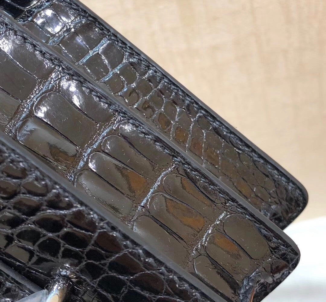 Hermes Noir Shiny Alligator PHW Roulis Mini 18/19 Handbag