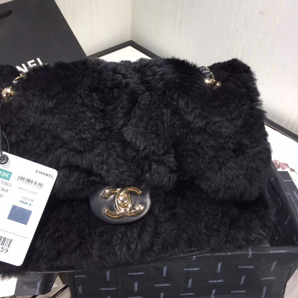 Chanel Shearling Lambskin Flap Bag Black