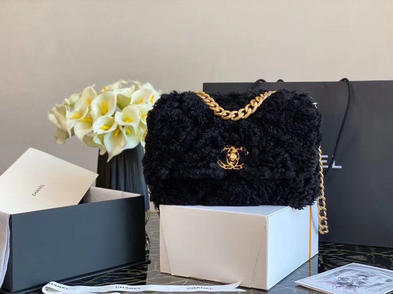 Chanel Shearling Sheepskin CHANEL 19 Flap Bag Black