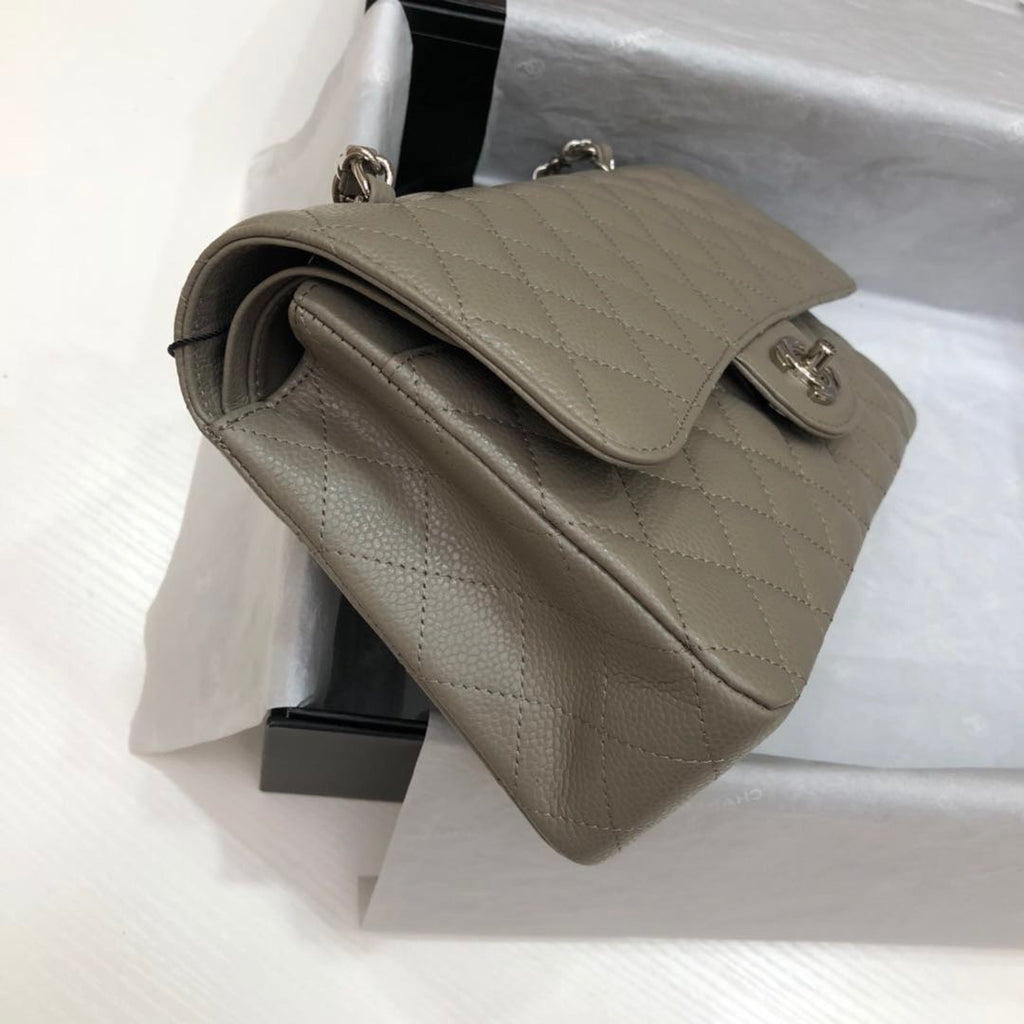 CHANEL Khaki Caviar Leather Classic Double Flap 2.55 Shoulder Bag Silver HW 2021