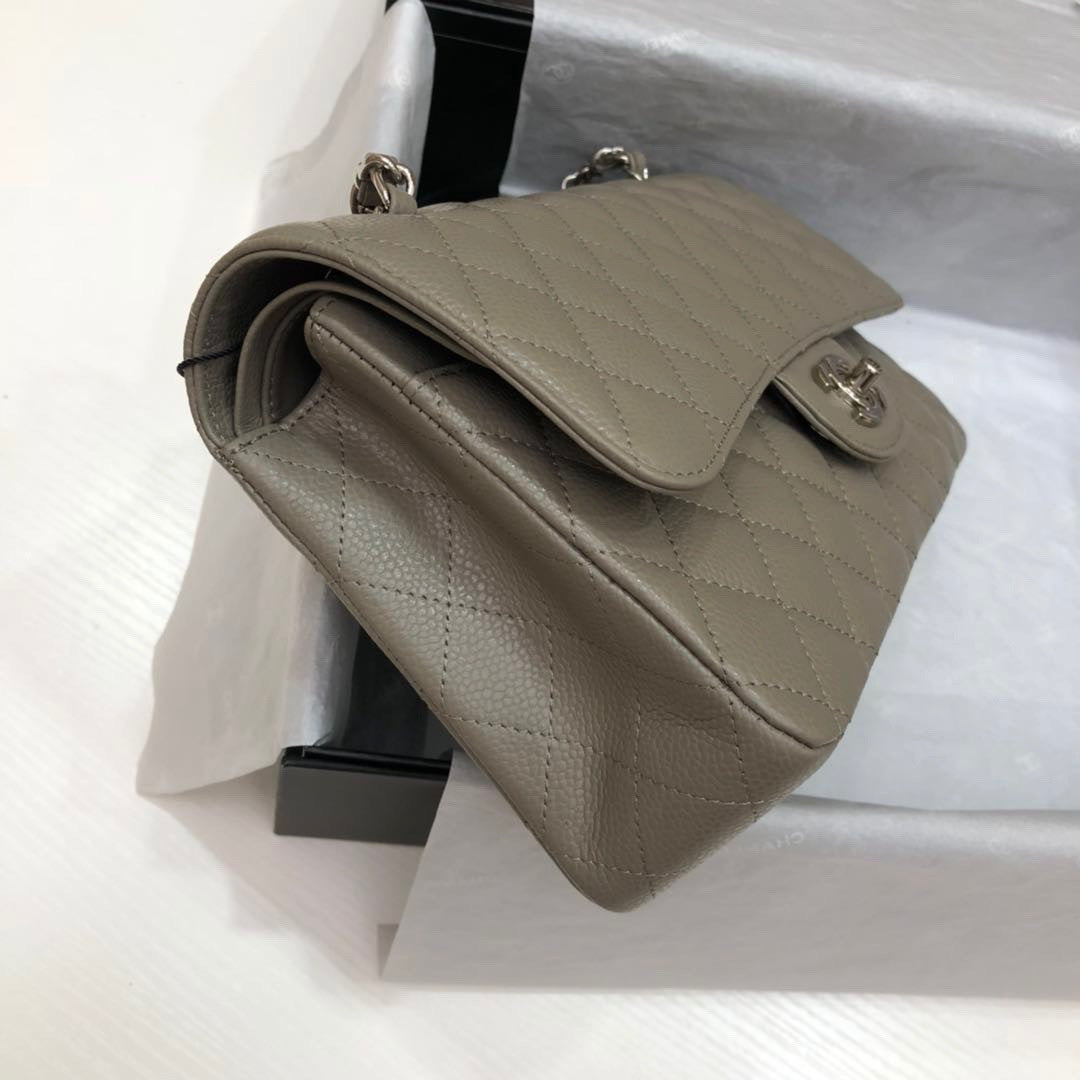CHANEL Khaki Caviar Leather Classic Double Flap 2.55 Shoulder Bag Silver HW 2021