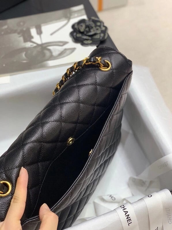 Chanel  BLACK QUILTED CAVIAR LEATHER JUMBO CLASSIC SINGLE FLAP BAG