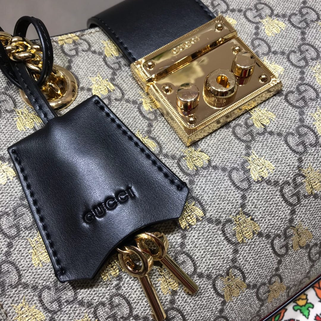 Gucci Padlock small GG bees shoulder bag