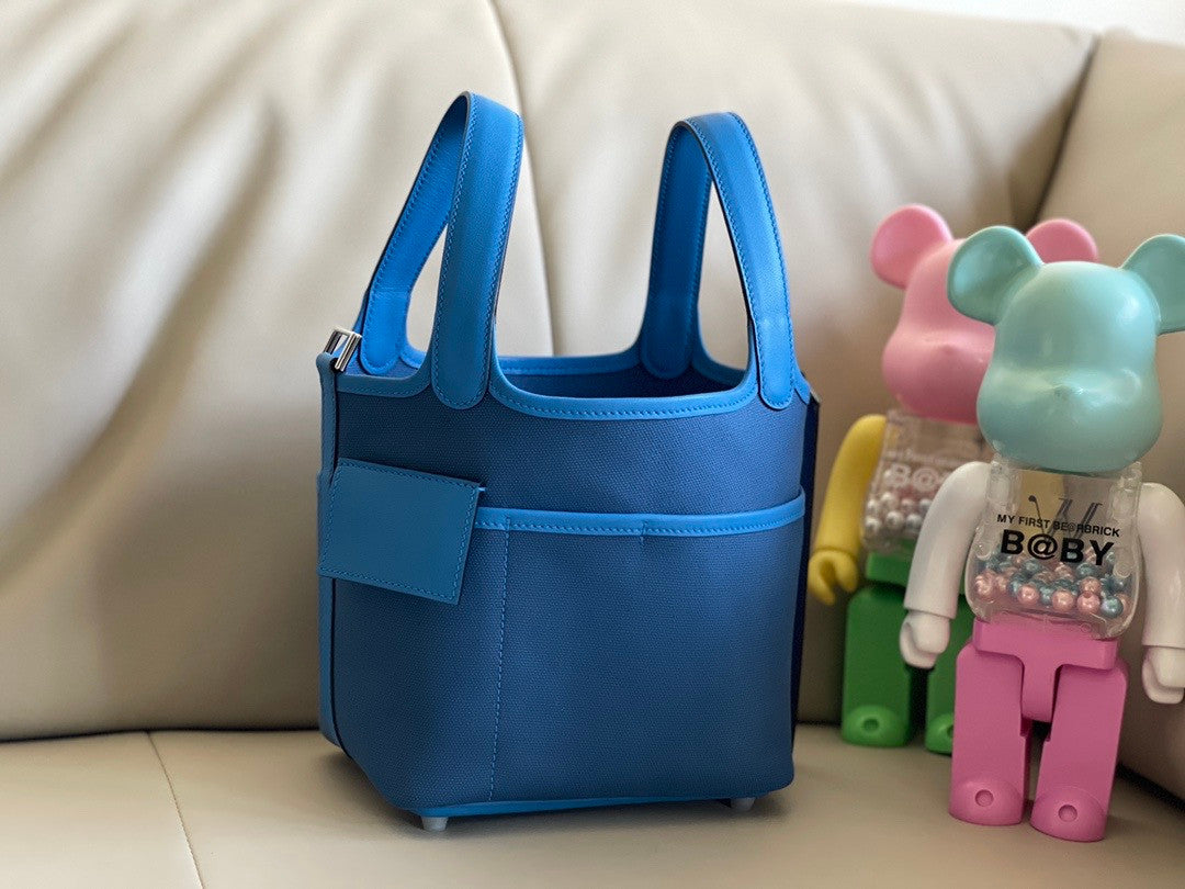 Hermès Picotin Cargo 18 Blue Frida Swift and Toile Canvas Palladium Hardware