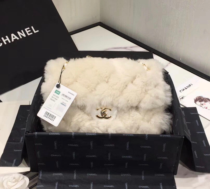 Chanel Shearling Lambskin Flap Bag White