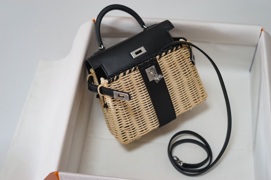 HERMES KELLY 20 MINI PICNIC BLACK SWIFT PALLADIUM HARDWARE