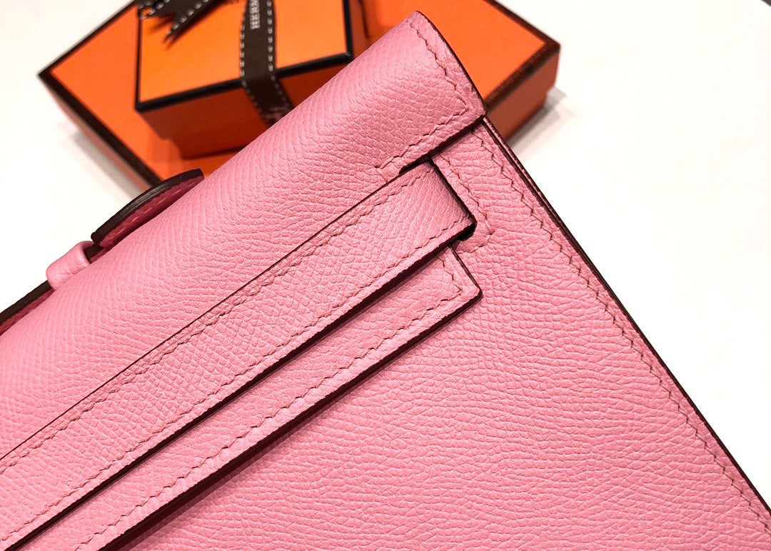 HERMES KELLY CUT CLUTCH BAG SAKURA PINK EPSOM GOLD HARDWARE