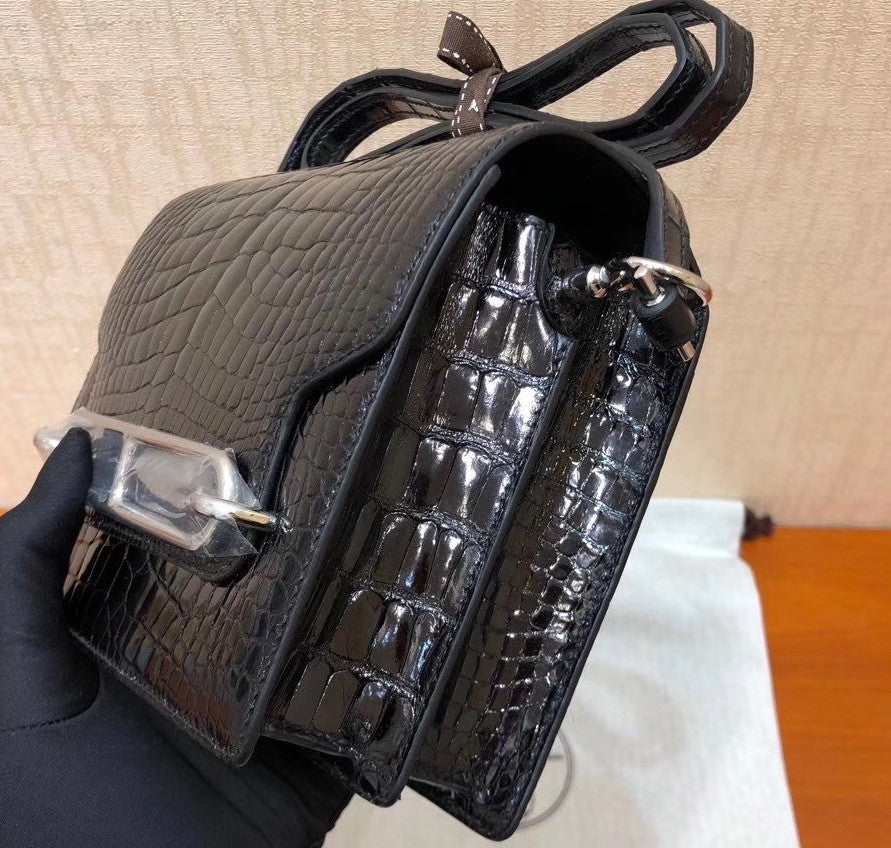 Hermes Noir Shiny Alligator PHW Roulis Mini 18/19 Handbag