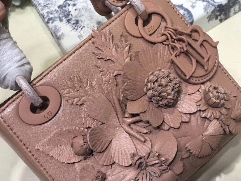 Christian Dior MINI LADY DIOR EMBROIDERED FLOWERS NUDE LAMBSKIN BAG