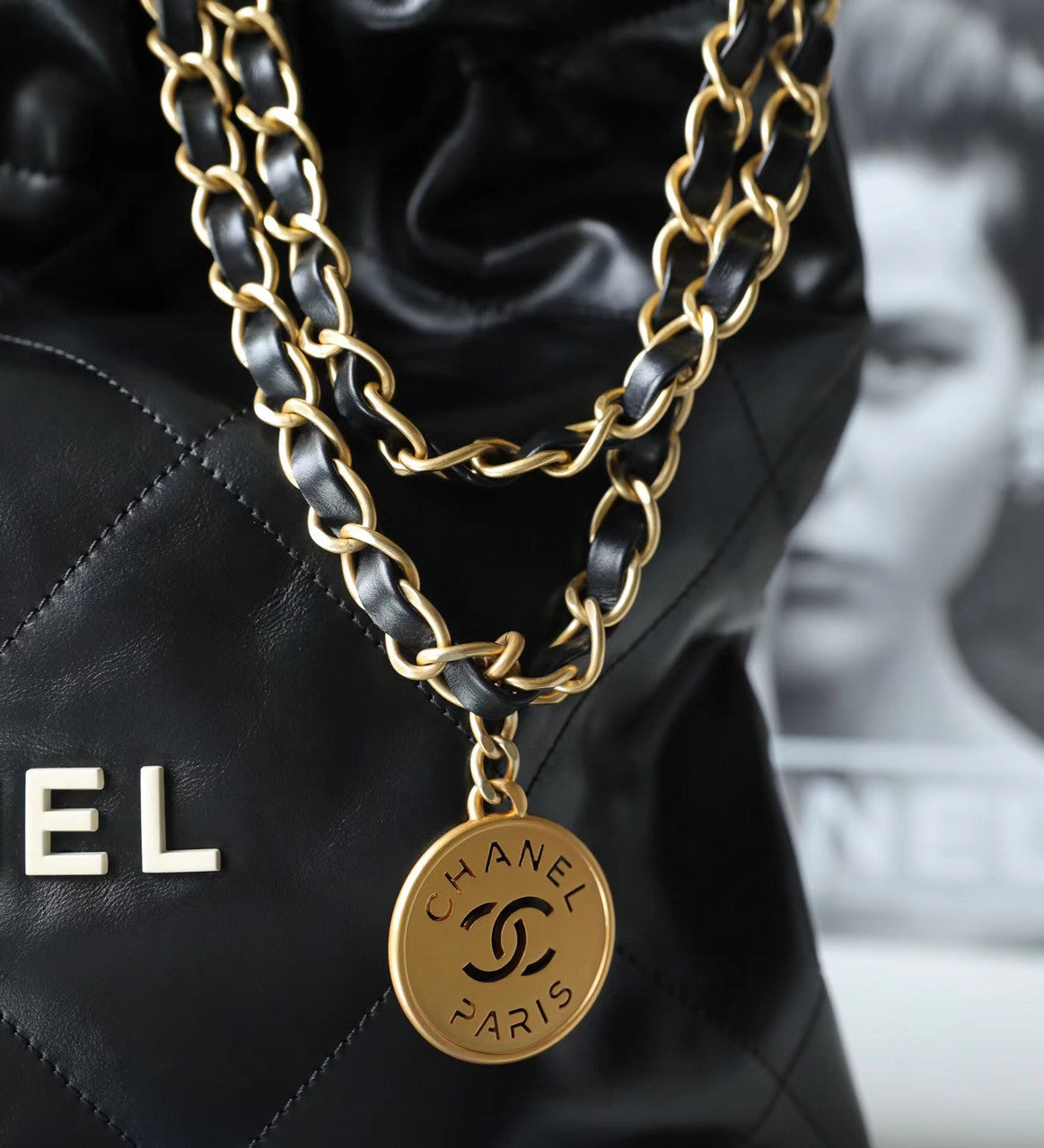 CHANEL 22 SMALL HANDBAG WHITE ENAMEL LOGO