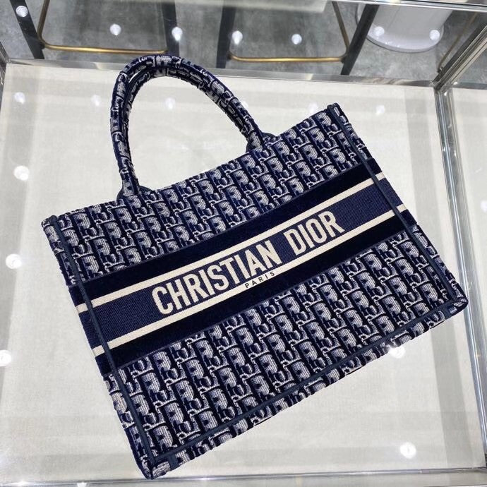 Christian Dior SMALL DIOR BOOK TOTE Blue Dior Oblique Embroidered Velvet