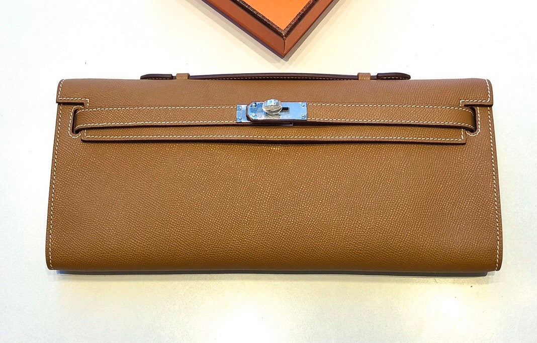 HERMES KELLY CUT CLUTCH BAG GOLD EPSOM PALLADIUM HARDWARE