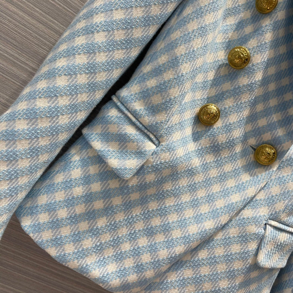 Balmain White and pale blue gingham print tweed jacket