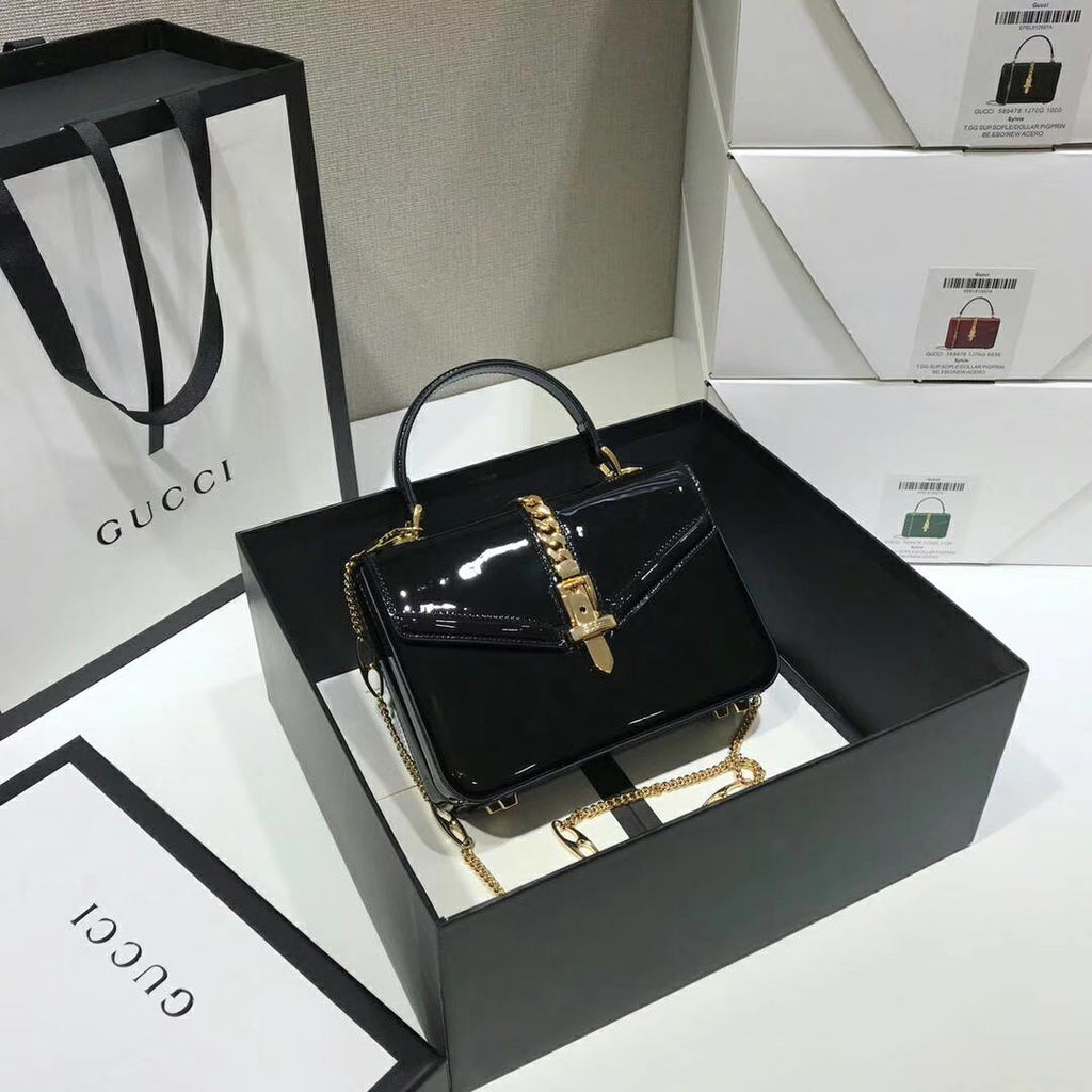 Gucci Sylvie 1969 patent leather mini top handle bag Black
