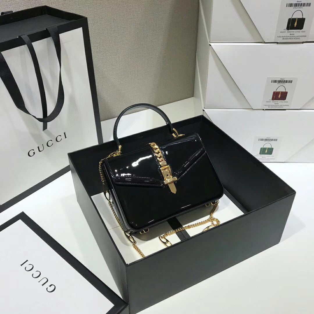 Gucci Sylvie 1969 patent leather mini top handle bag Black