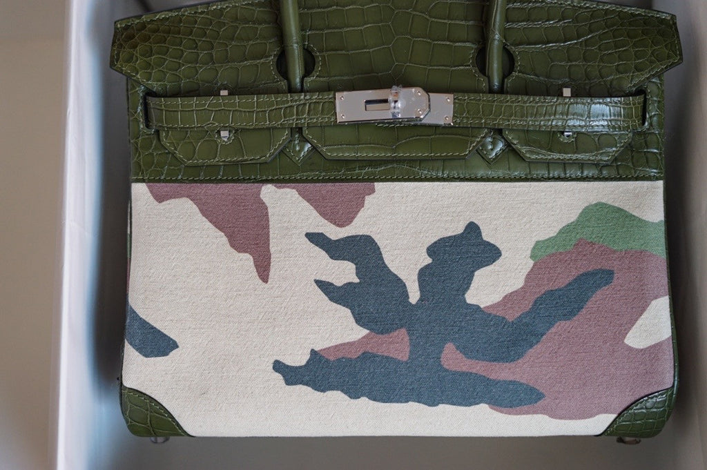 Hermes Limited Edition Birkin Bag 35 In 67 Vert Fonce Alligator and  Camouflage with Palladium hardware