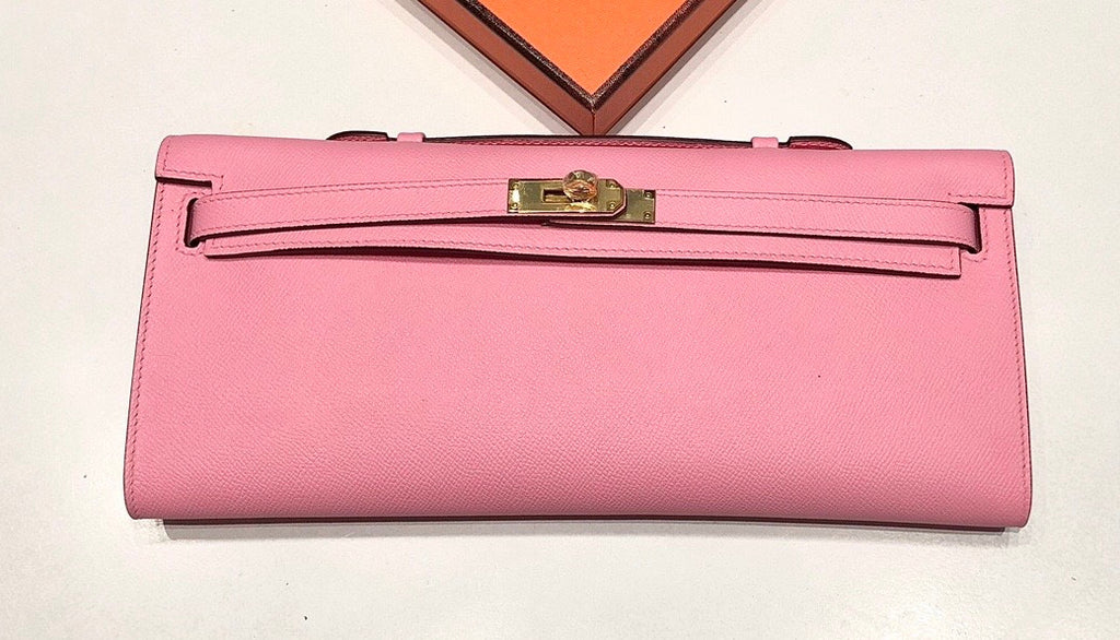 HERMES KELLY CUT CLUTCH BAG SAKURA PINK EPSOM GOLD HARDWARE