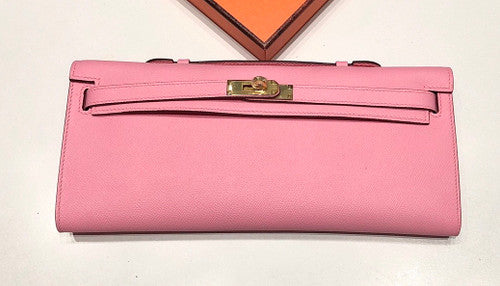 HERMES KELLY CUT CLUTCH BAG SAKURA PINK EPSOM GOLD HARDWARE