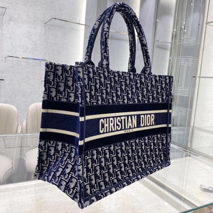 Christian Dior SMALL DIOR BOOK TOTE Blue Dior Oblique Embroidered Velvet