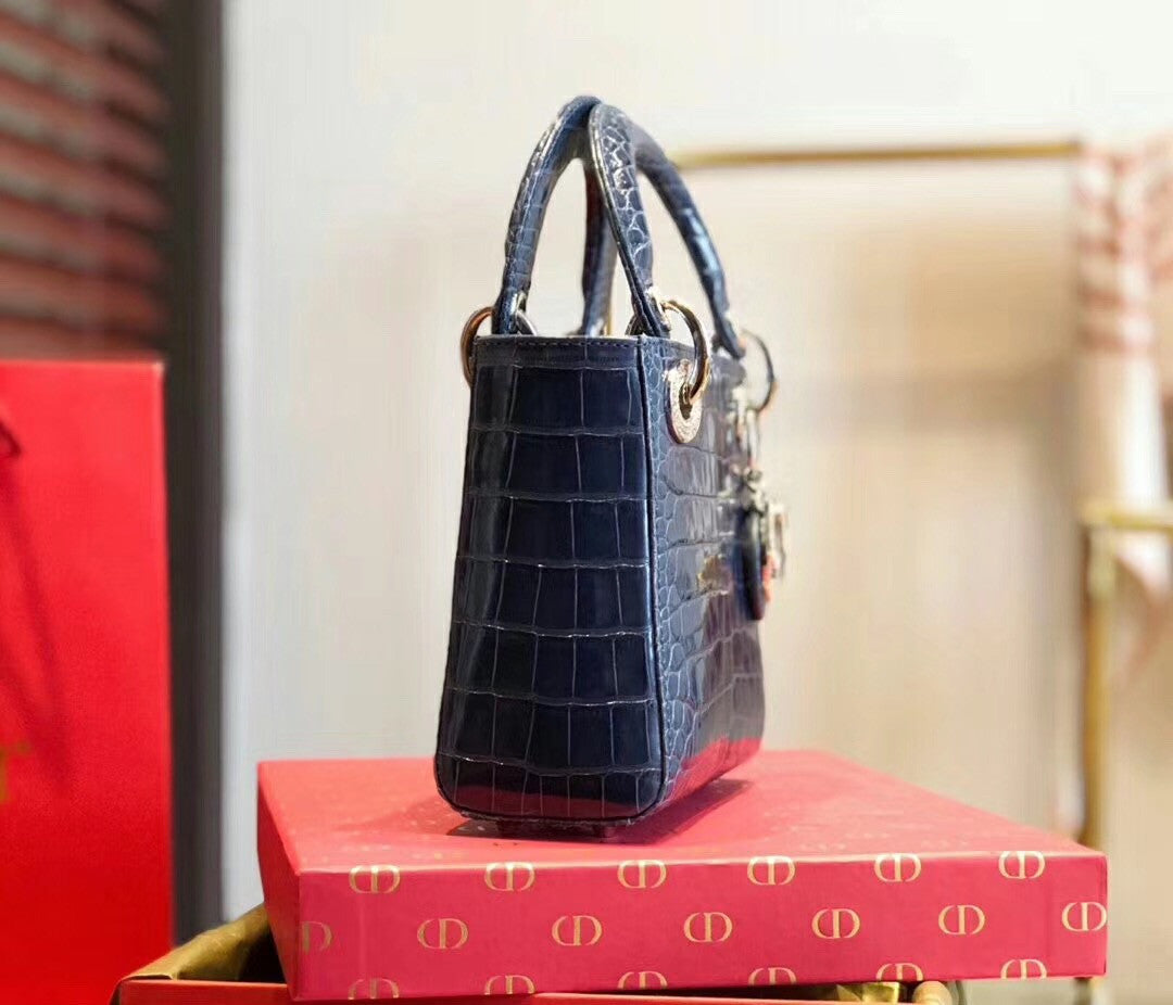 Christian Dior Blue  Alligator Mini Lady Dior Tote with gemstone hardware