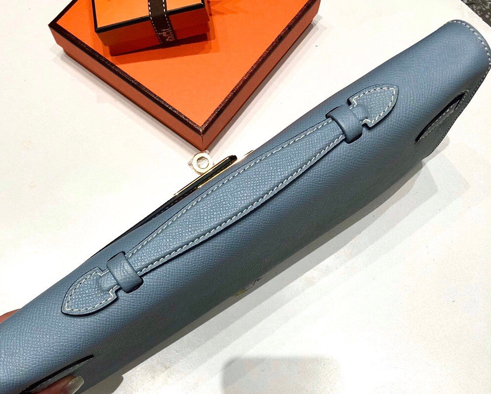 HERMES KELLY CUT CLUTCH BAG BLUE LIN EPSOM GOLD HARDWARE