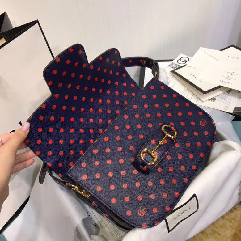 Gucci 1955 Horsebit shoulder bag with Blue leather  polka dot and Double G print
