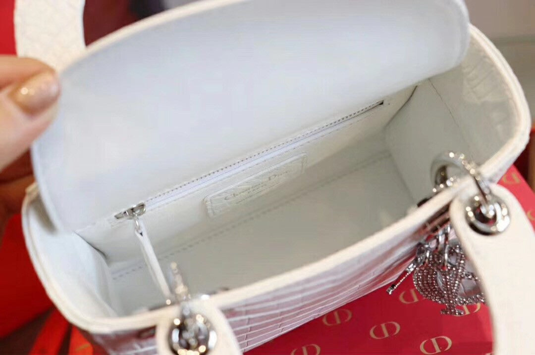 Christian Dior White  Alligator Mini Lady Dior Tote with gemstone hardware