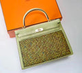 Hermes  FEATHER KELLY 32 Green Peacock feather & Suede  with Gold Hardware