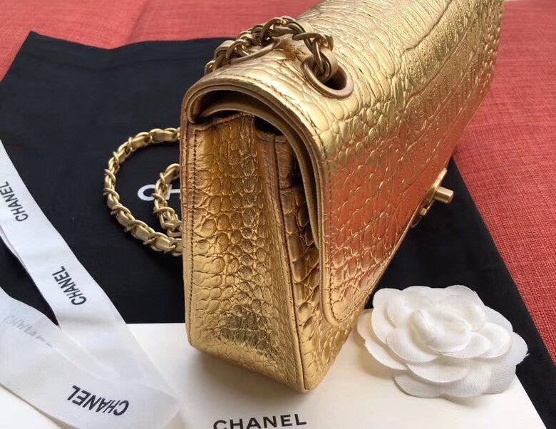 Chanel Small Gold Metallic Crocodile Embossed Flap Bag