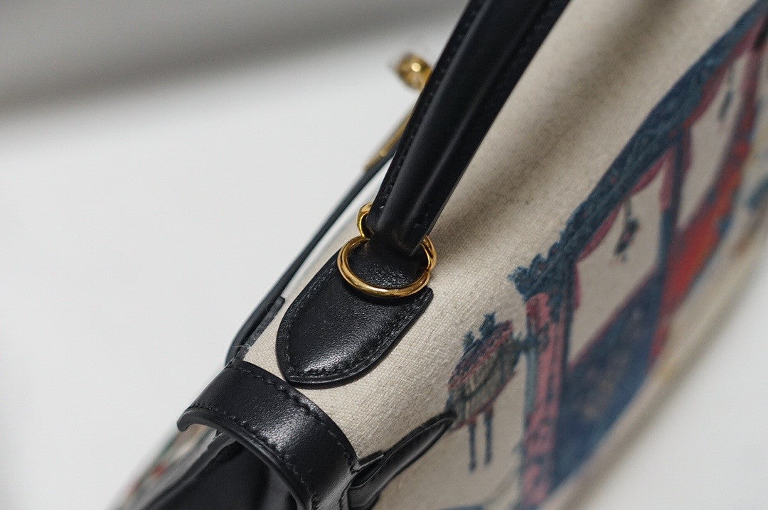 Hermes Black Kelly Bag Box Leather Horse Print Toile GHW 32 cm