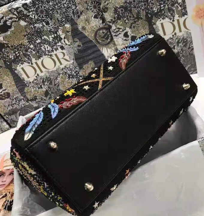 CHRISTIAN DIOR Limited Edition Black Leather Air Embroidered and Beaded Medium Lady Dior Bag
