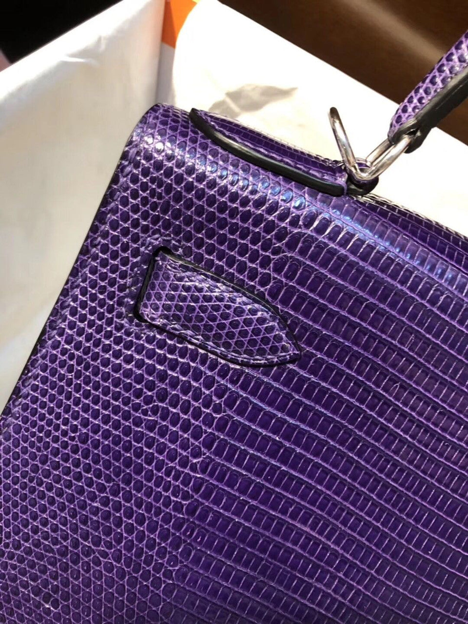 Hermes 9W Ultraviolet Lizard Kelly 28 Bag Palladium Hardware