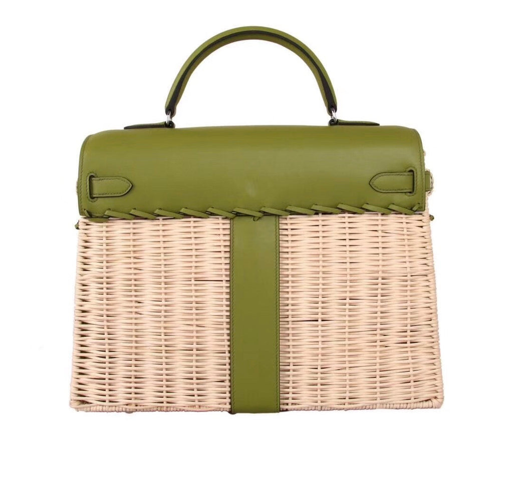 Hermes Limited Edition CK61 Green Picnic Kelly 35 Wicker Palladium Hardware