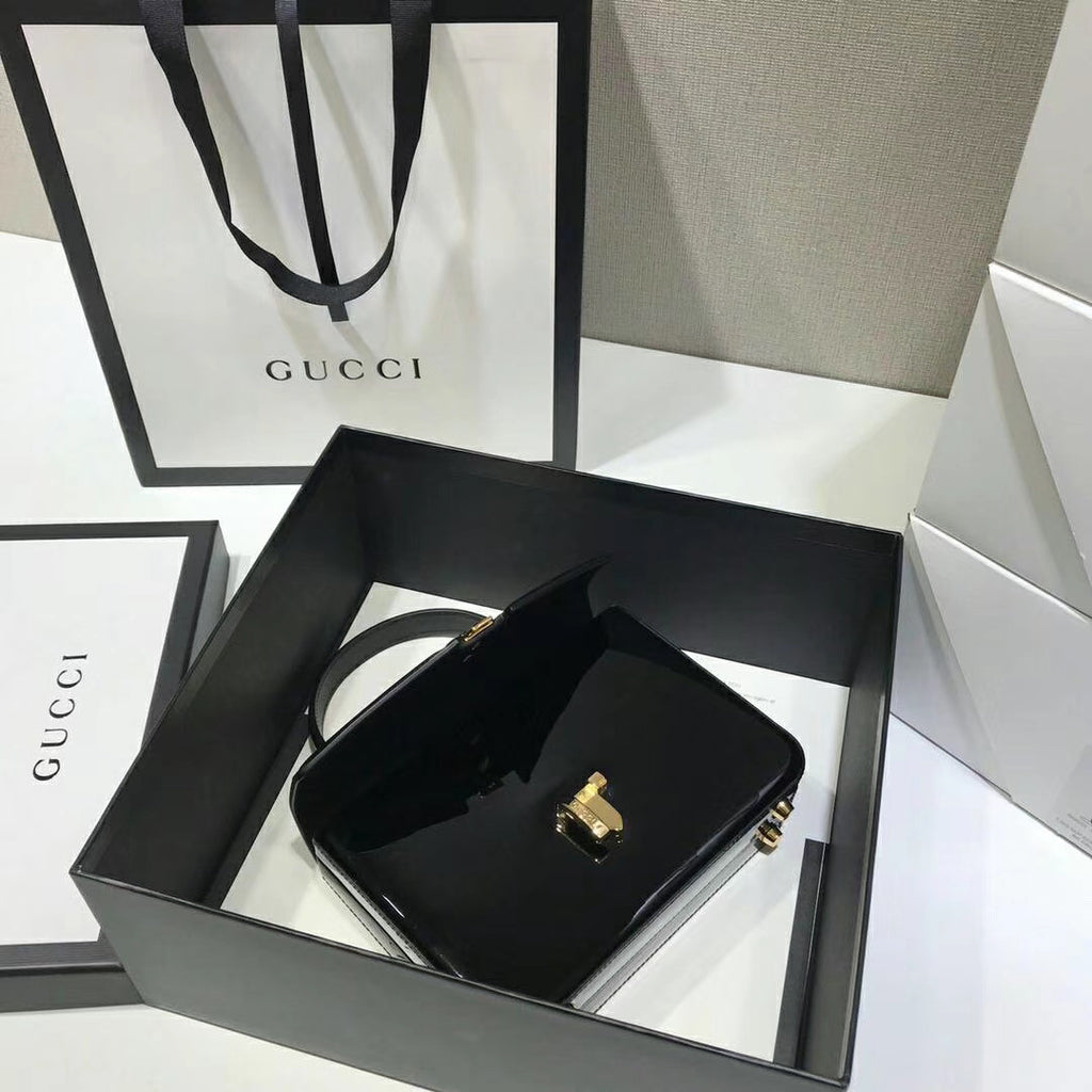 Gucci Sylvie 1969 patent leather mini top handle bag Black