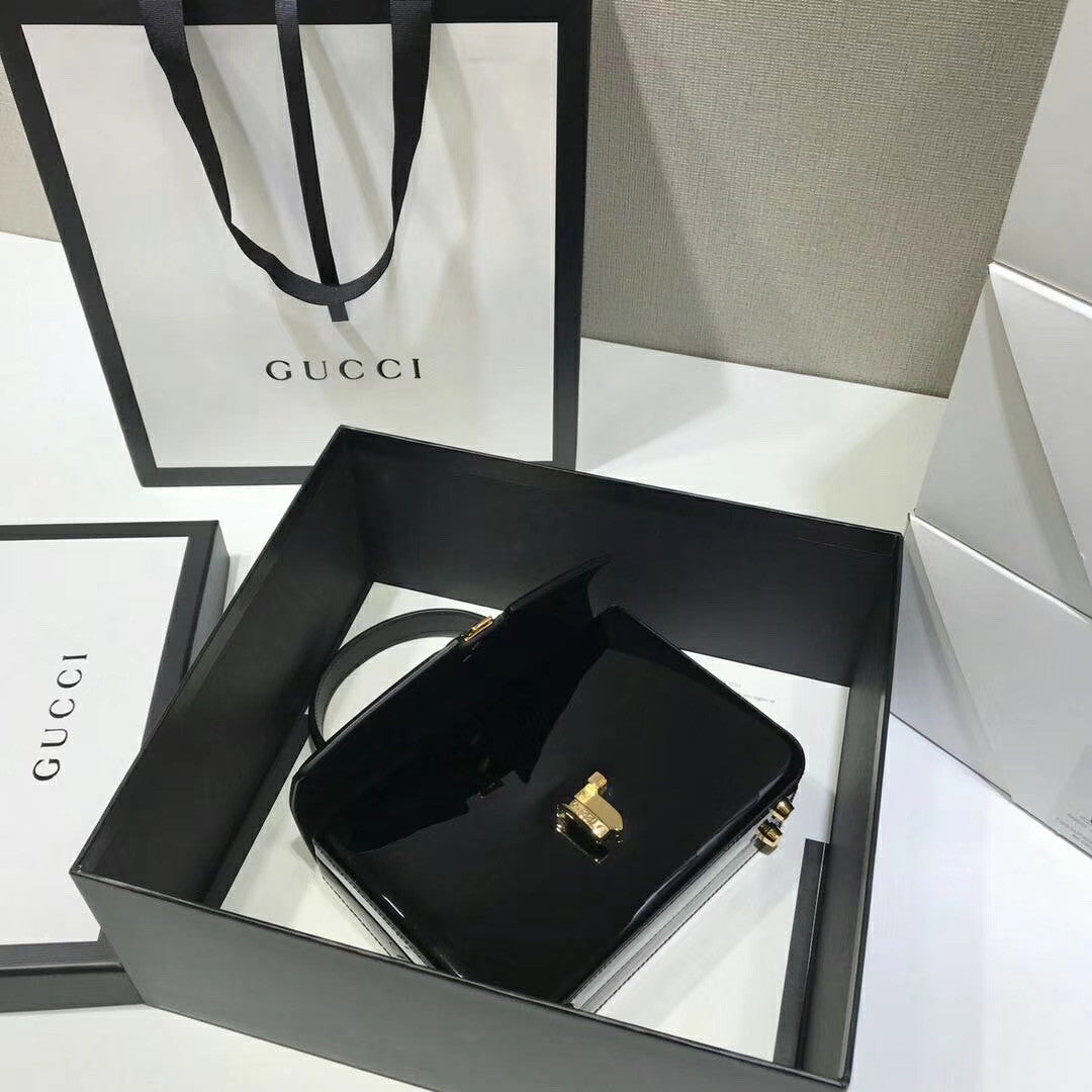 Gucci Sylvie 1969 patent leather mini top handle bag Black