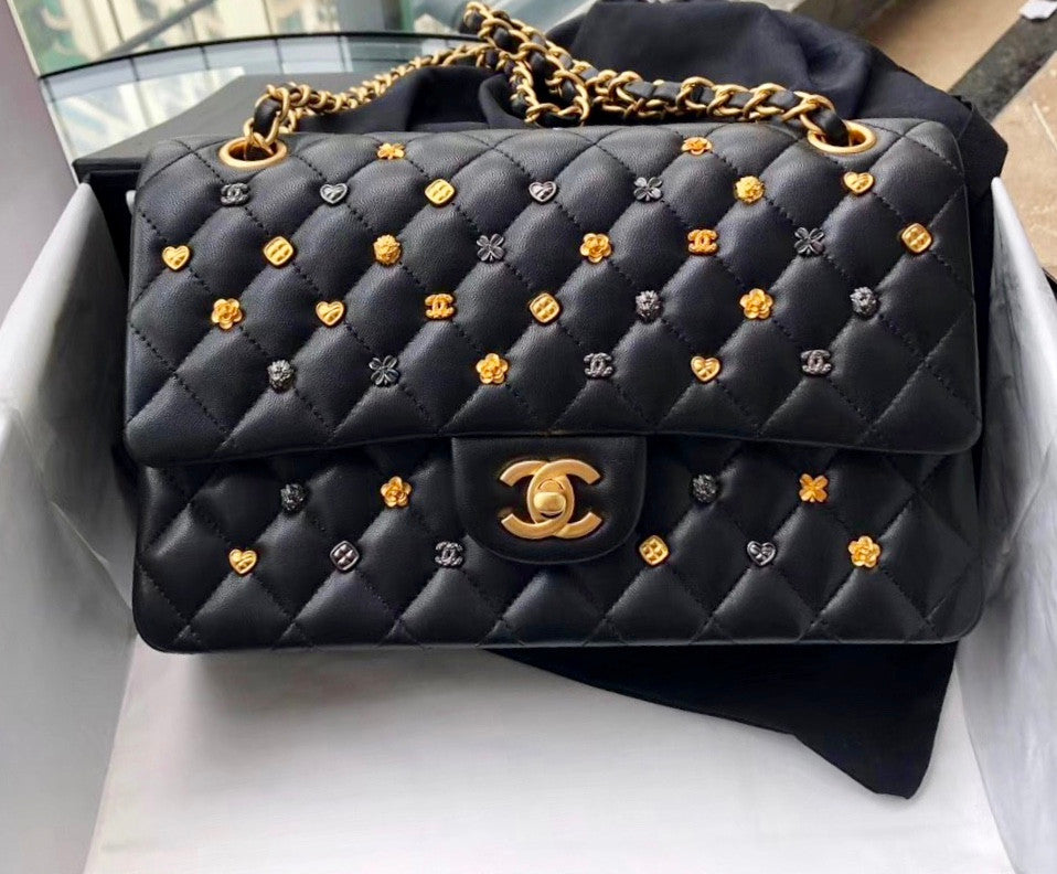 Chanel Black Leather Medium Classic 18K Gold Charms Double Flap Bag