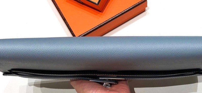 HERMES KELLY CUT CLUTCH BAG BLUE LIN EPSOM PALLADIUM HARDWARE